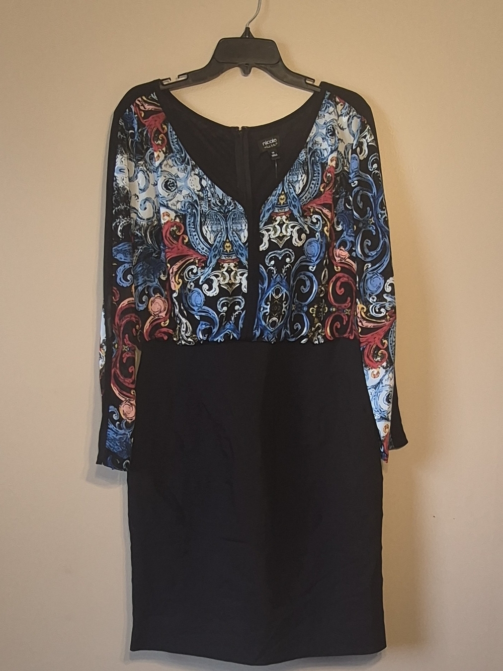 Nicole Miller Black Dress with Blue & Red Paisley Print Top